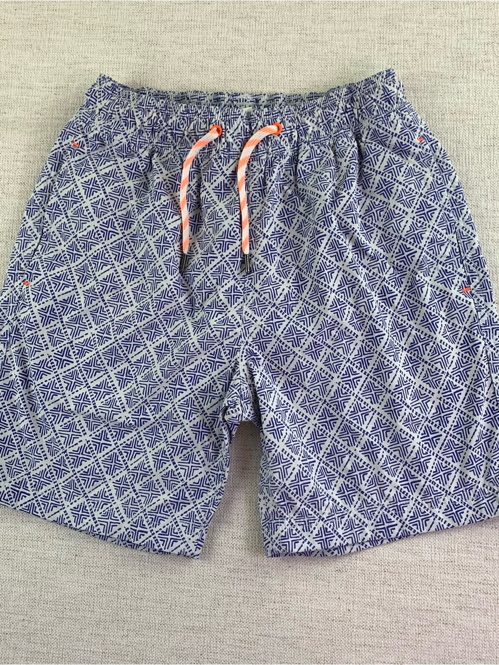 Crewcuts Blue Geometric Swim Trunks with Coral Drawstring‎